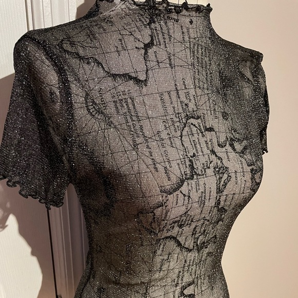 y2k vintage sheer sparkle short sleeve crop Mock see through mesh neat club rave - Picture 2 of 8